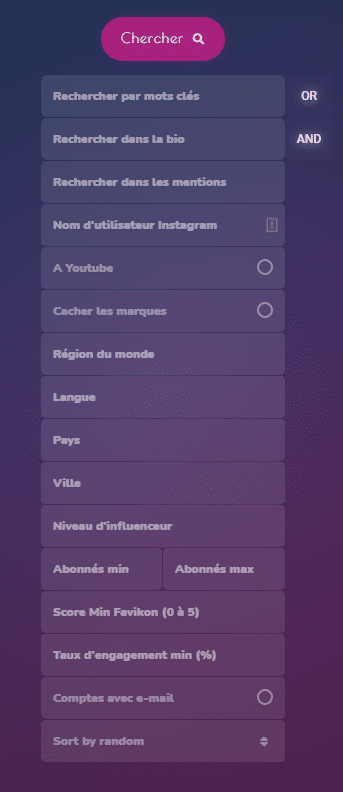 Favikon permet de chercher des influenceurs avec des filtres très variés et pertinents.