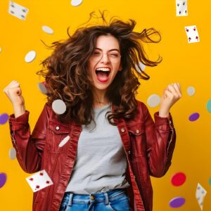 Jeune femme célébrant une victoire avec jetons et cartes de jeu