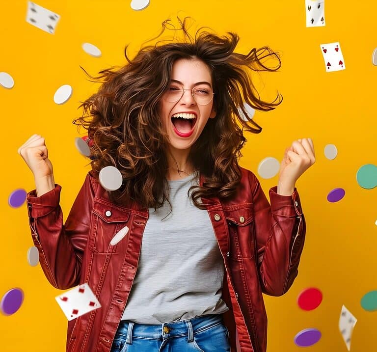 Jeune femme célébrant une victoire avec jetons et cartes de jeu