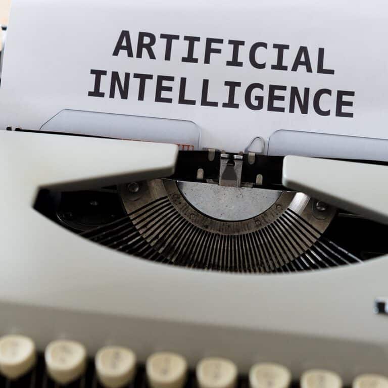 Machine à écrire vintage avec une feuille affichant les mots Intelligence Artificielle – concept de generative engine optimization