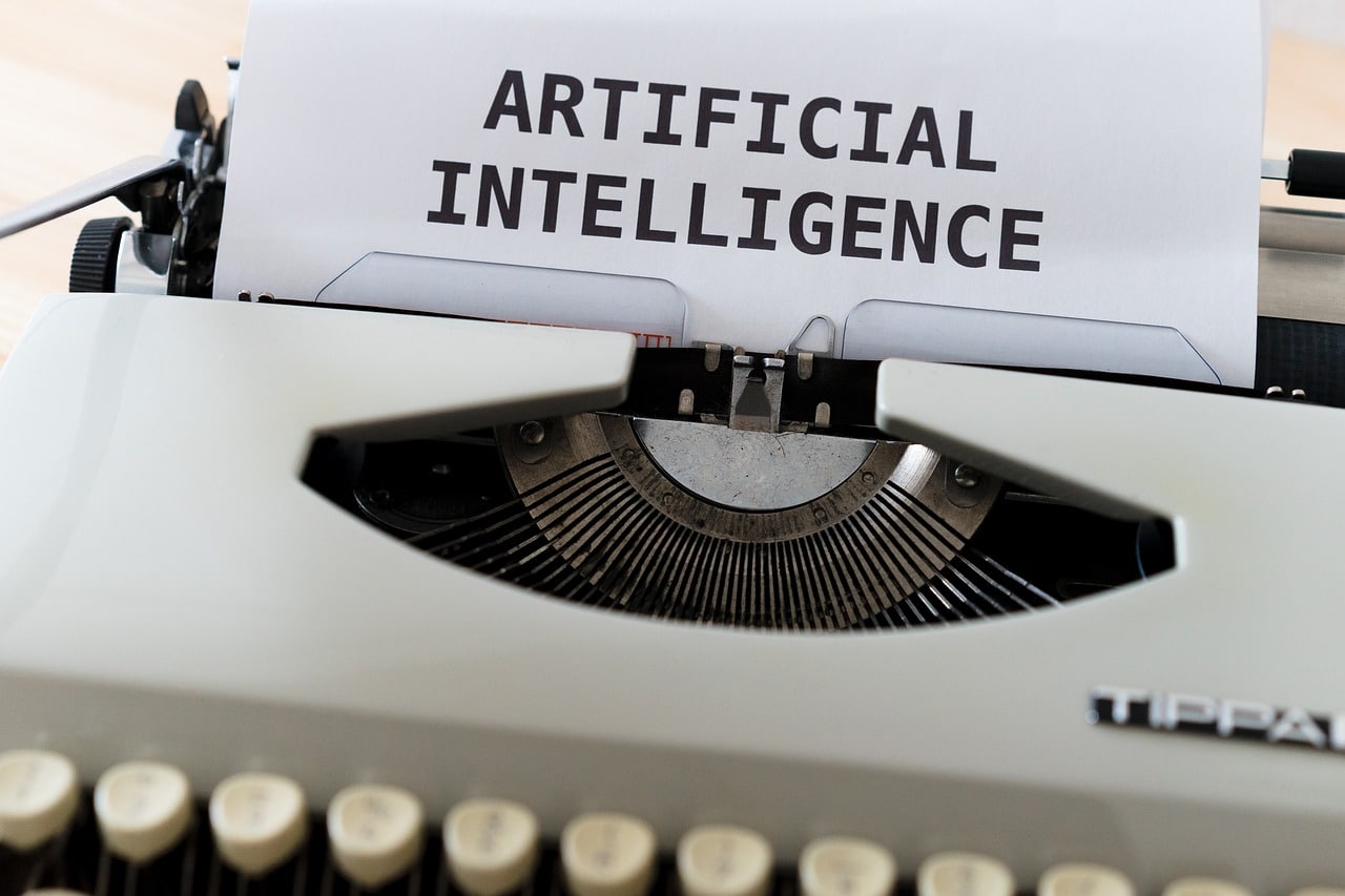Machine à écrire vintage avec une feuille affichant les mots Intelligence Artificielle – concept de generative engine optimization