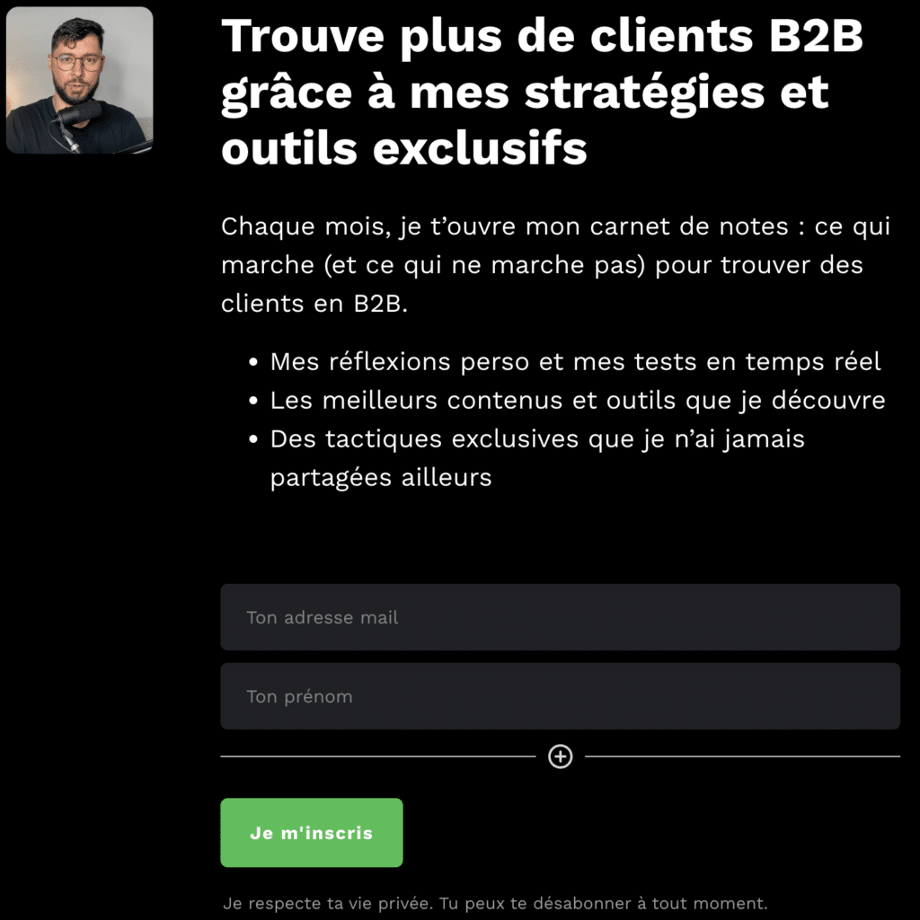 Page de capture de la newsletter de Brahim BHD au sujet du growth marketing